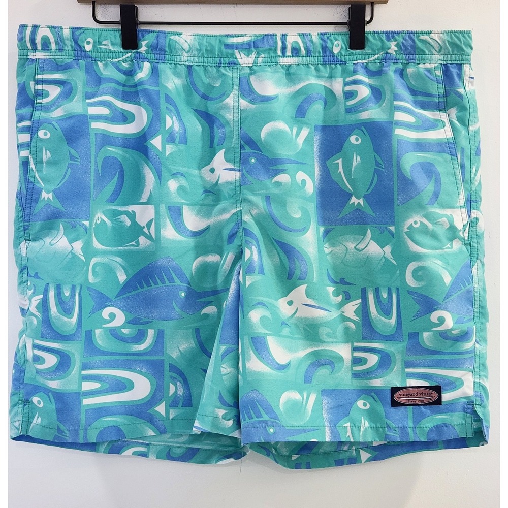 Vineyard Vines Mens Teal Blue Fish Print Swim Trunks Mesh Lined Size Large